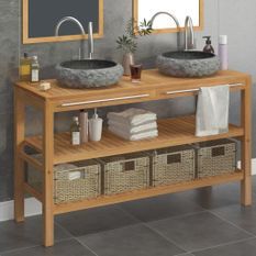 Armoire de toilette Teck solide avec lavabos en marbre Noir 2