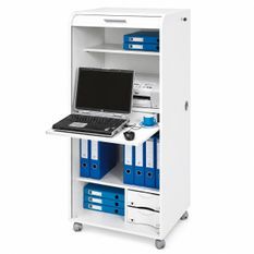 Armoire informatique mobile blanche ORGA 140 cm – Bureau compact avec rideau, tiroirs et rangements