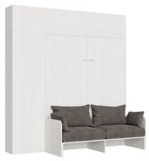 Armoire lit 120x190 cm escamotable avec colonne de rangement et éléments hauts avec mobilier bois frêne blanc Kanto