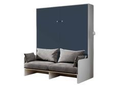 Armoire lit 160x200 cm escamotable verticale avec canapé frêne blanc et porte bleue Kanto