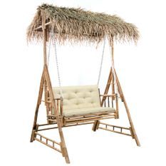 Balancelle 2 places feuilles de palmier et coussin 202cm Bambou 2