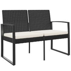 Banc de jardin à 2 places avec coussins noir rotin PP