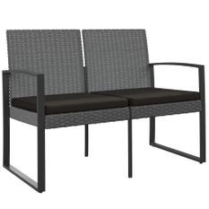 Banc de jardin à 2 places et coussins gris foncé PP rotin