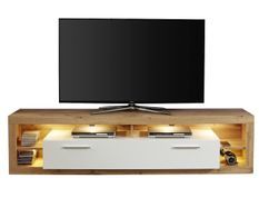 Banc TV lumineux chêne Wotan et blanc brillant Roska 200 cm