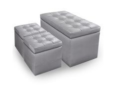 Banquette Argent simili capitonnée et 2 poufs Kenjy