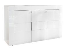 Buffet 2 portes 3 tiroirs bois laqué blanc brillant Lubi L 138 cm