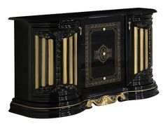 Buffet 2 portes 3 tiroirs bois vernis laqué brillant noir et doré Lesly 134 cm