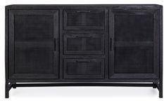 Buffet 2 portes 3 tiroirs en bois massif noir de manguier et rotin noir Waky 150 cm