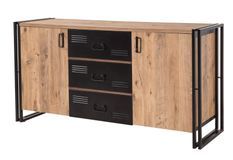 Buffet 2 portes 3 tiroirs style industriel bois chêne clair et métal noir Dukita 160 cm