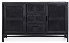 Buffet 2 portes 3 tiroirs WAKY 150 cm - Bois massif et rotin noir