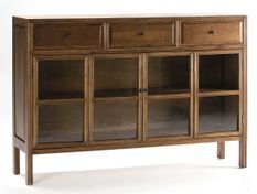 Buffet 2 portes vitrées 3 tiroirs bois massif foncé