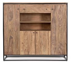 Buffet 4 portes 1 tiroir KLAZIK 145 cm bois clair de Sheesham et acier noir