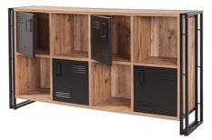 Buffet 4 portes 4 niches style industriel bois chêne clair et métal noir Dukita 164 cm