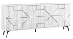 Buffet 4 portes bois blanc vieilli motif géométrique Kuzako 184 cm
