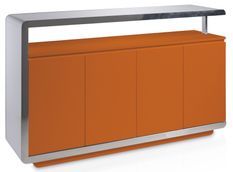 Buffet design 4 portes bois laqué orange et acier chromé Modena