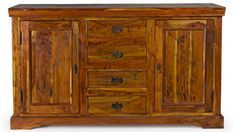 Buffet en bois d'acacia massif finition rustique marron 2 portes 4 tiroirs Kastela 150 cm