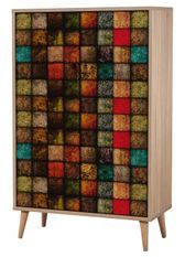 Buffet haut 2 portes en bois clair et damier multicolors Kiza 723