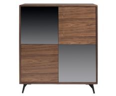 Buffet haut 4 portes Kazy 110 cm - Noyer et verre effet miroir noir