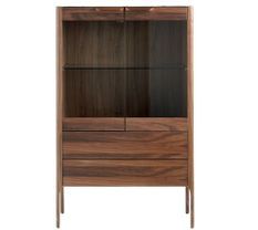 Buffet haut lumineux 2 portes 2 tiroirs Kala 99 cm - Noyer et verre trempé