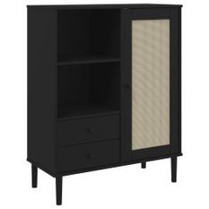 Buffet SENJA aspect rotin noir 90x40x112cm bois massif de pin