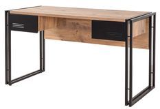 Bureau 2 tiroirs style industriel bois chêne clair et métal noir Dukita 139 cm