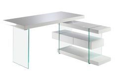 Bureau d'angle moderne Moza 140 cm - Laque blanc et verre trempé