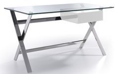 Bureau design acier chromé et verre trempé tiroir laqué blanc Loa