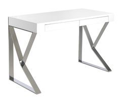 Bureau droit moderne Agira 120 cm - Laqué blanc et verre trempé