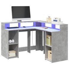 Bureau et lumières LED gris béton 130x130x91cm bois ingénierie