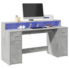 Bureau et lumières LED gris béton 160x55x91cm bois d'ingénierie