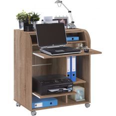 Bureau informatique chêne clair à roulettes BOKER – Bureau compact avec rideau et serrure