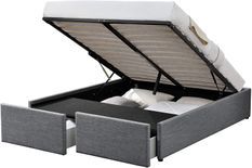 Cadre de lit avec coffre et 2 tiroirs 140x190 cm tissu lin gris foncé Karmi