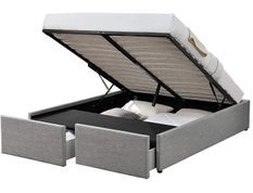 Cadre de lit avec coffre et 2 tiroirs 160x200 cm tissu lin gris clair Karmi