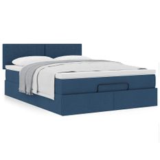 Cadre de lit ottoman avec matelas bleu 140x200 cm tissu