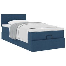 Cadre de lit ottoman avec matelas bleu 90x200 cm tissu