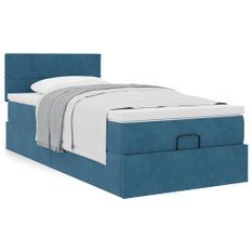 Cadre de lit ottoman avec matelas bleu foncé 100x200 cm velours