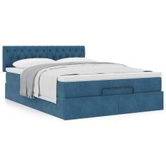 Cadre de lit ottoman avec matelas bleu foncé 140x190 cm velours