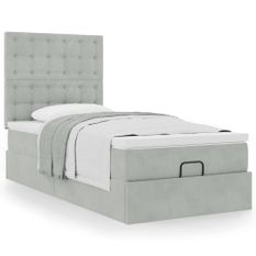 Cadre de lit ottoman et matelas gris clair 90x190 cm velours
