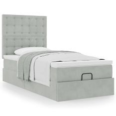 Cadre de lit ottoman et matelas gris clair 90x200 cm velours