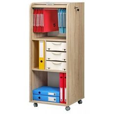 Caisson de bureau chêne clair à rideau ORGA 110 cm – Meuble mobile avec tiroirs et rangement dossiers