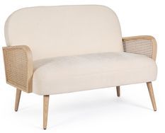 Canapé 2 places en bois de pin et rotin assise velours beige clair Kalida 115 cm
