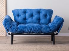 Canapé 2 places transformable en lit tissu bleu Pliaz 155 cm