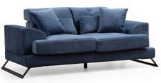 Canapé 2 places velours bleu avec têtières relevables et pieds metal noir Briko 185 cm