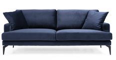Canapé 3 places design tissu velouté bleu marine et pieds métal noir Kombaz 205 cm