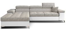 Canapé angle gauche convertible tissu gris chiné et simili blanc avec appuis-tête réglables Rikaro 280 cm