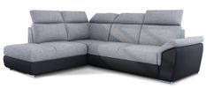 Canapé angle gauche convertible tissu gris clair et simili cuir noir avec appuis-tête réglables Kepita 260 cm
