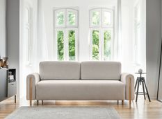 Canapé convertible 4 places DOVA en tissu bouclette avec pieds en bois massif naturel – 244 cm