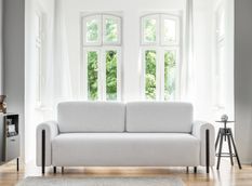 Canapé convertible 4 places DOVA en tissu bouclette avec pieds en bois massif noir – 244 cm