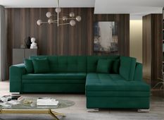 Canapé convertible angle droit velours vert foncé et chromé Pika 260 cm