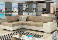 Canapé convertible angle gauche simili cuir beige et tissu beige clair chiné Polky 272 cm